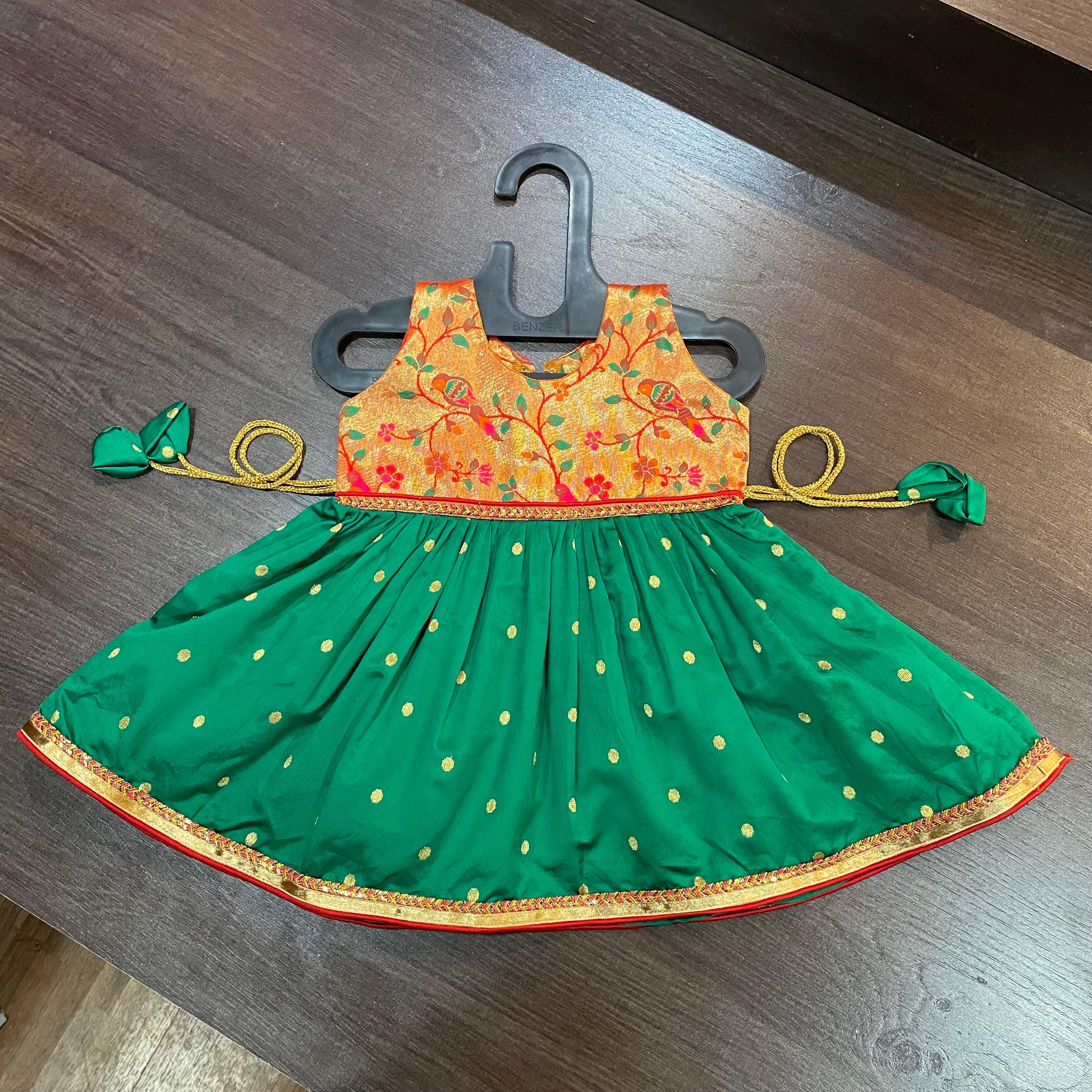 Green Golden Zari Combination Frock – MEEMORA FROCKS