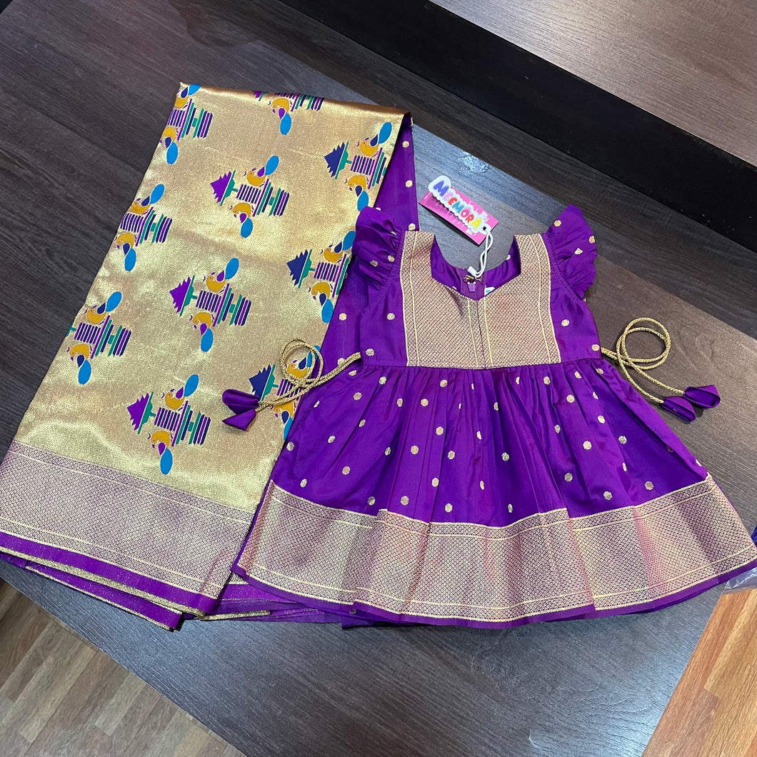 Purple Paithani Border Styled Frock &  Peacock Pallu Saree Combo