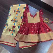 Load image into Gallery viewer, Maroon Paithani Border Styled Frock &amp; Peacock Pallu Saree Combo - MEEMORA FROCKS
