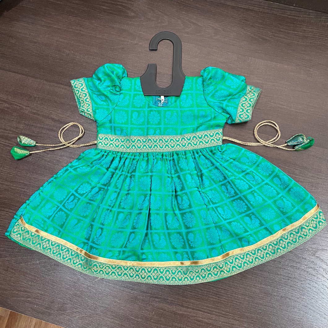 Sea Green Ballon Sleeves checks Peacock Silk Frock Dress