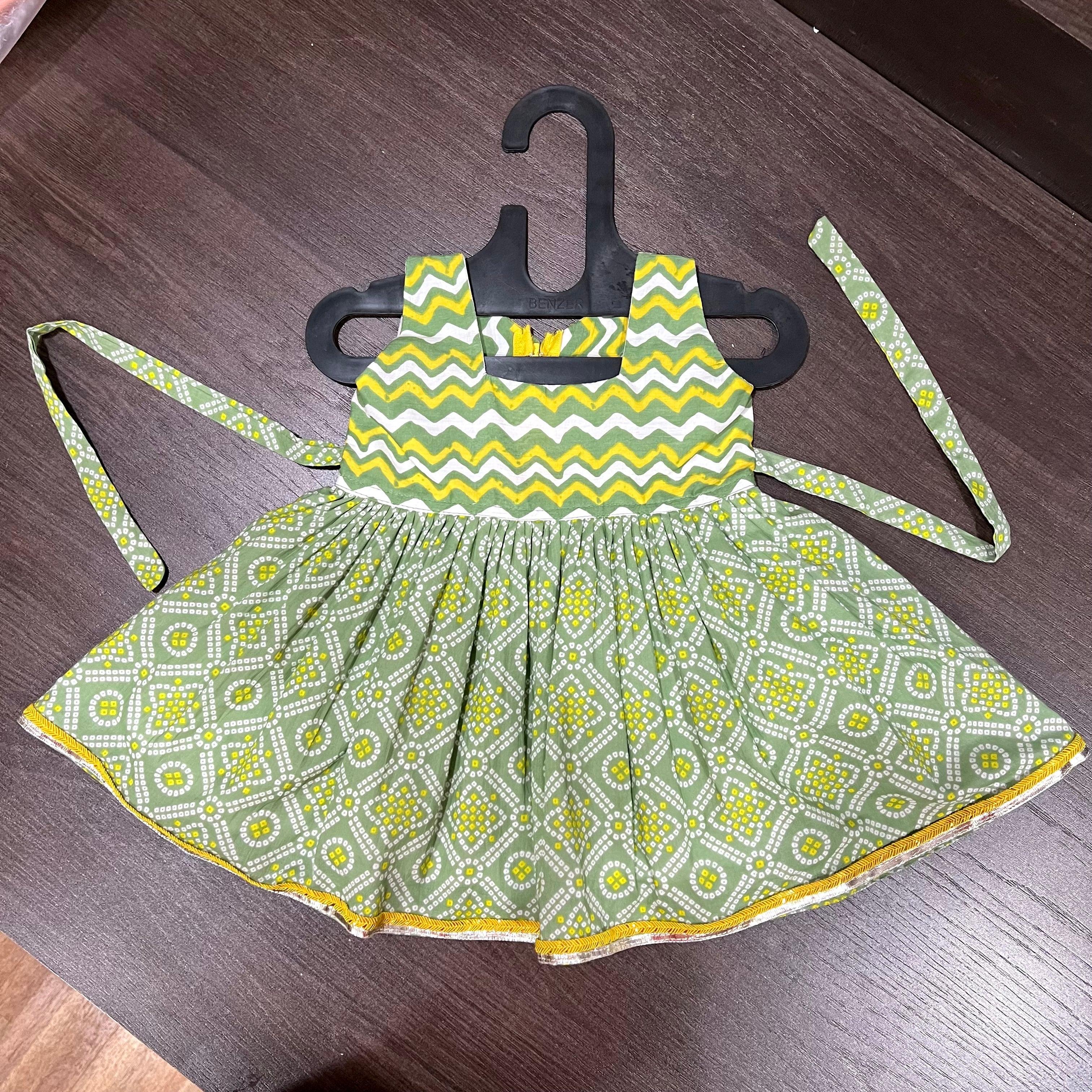 Yellow & Green Floral Zigzag Combination Jaipuri Cotton Frock – MEEMORA ...